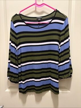 Ann Taylor Striped Long Sleeve Top in Olive, Blue, Black & White